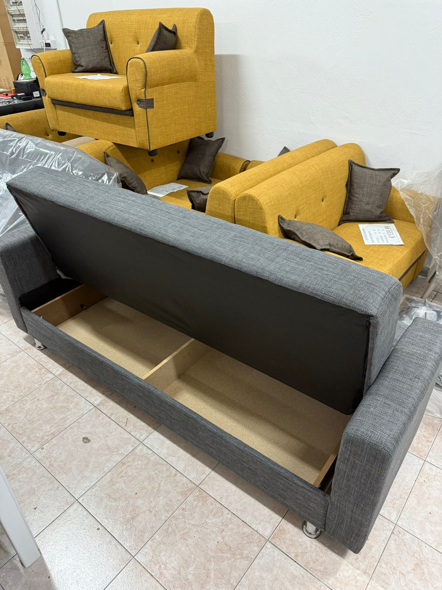 DIVANO LETTO CON CASSETTONE CLICK CLACK GRIGIO STOFFA ANTIMACCHIA