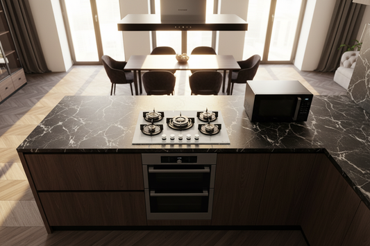 Piano cottura Staylux 5 fuochi vetroceramica bianco 75x50cm - frontale dall'alto cucina lusso