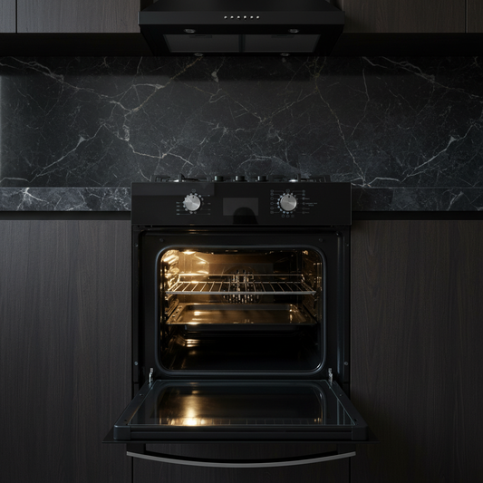 Forno ventilato digitale vetro nero Staylux 60x60cm aperto in cucina scura
