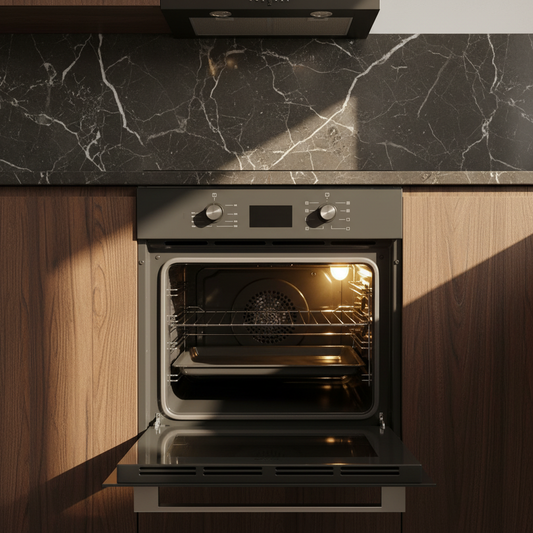 Forno ventilato digitale vetro antracite Staylux 60x60cm aperto in cucina scura