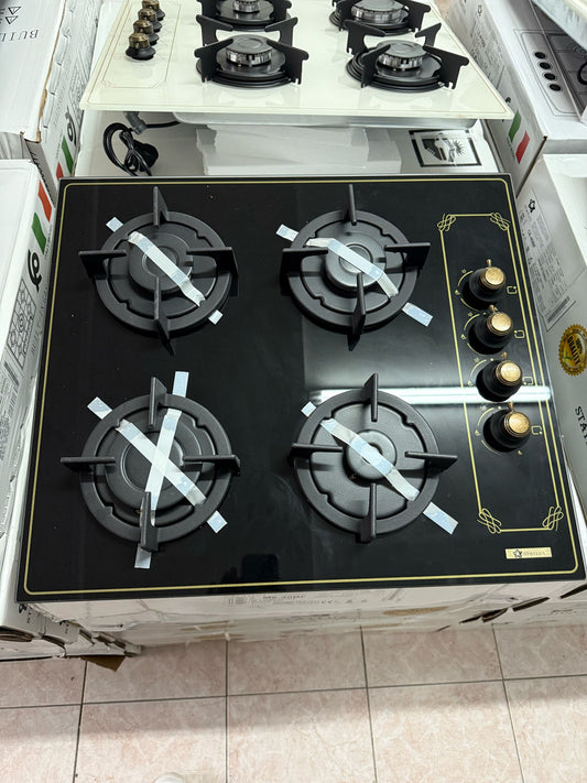 PIANO COTTURA NERO RUSTICO 4 FUOCHI IN VETRO TEMPERATO