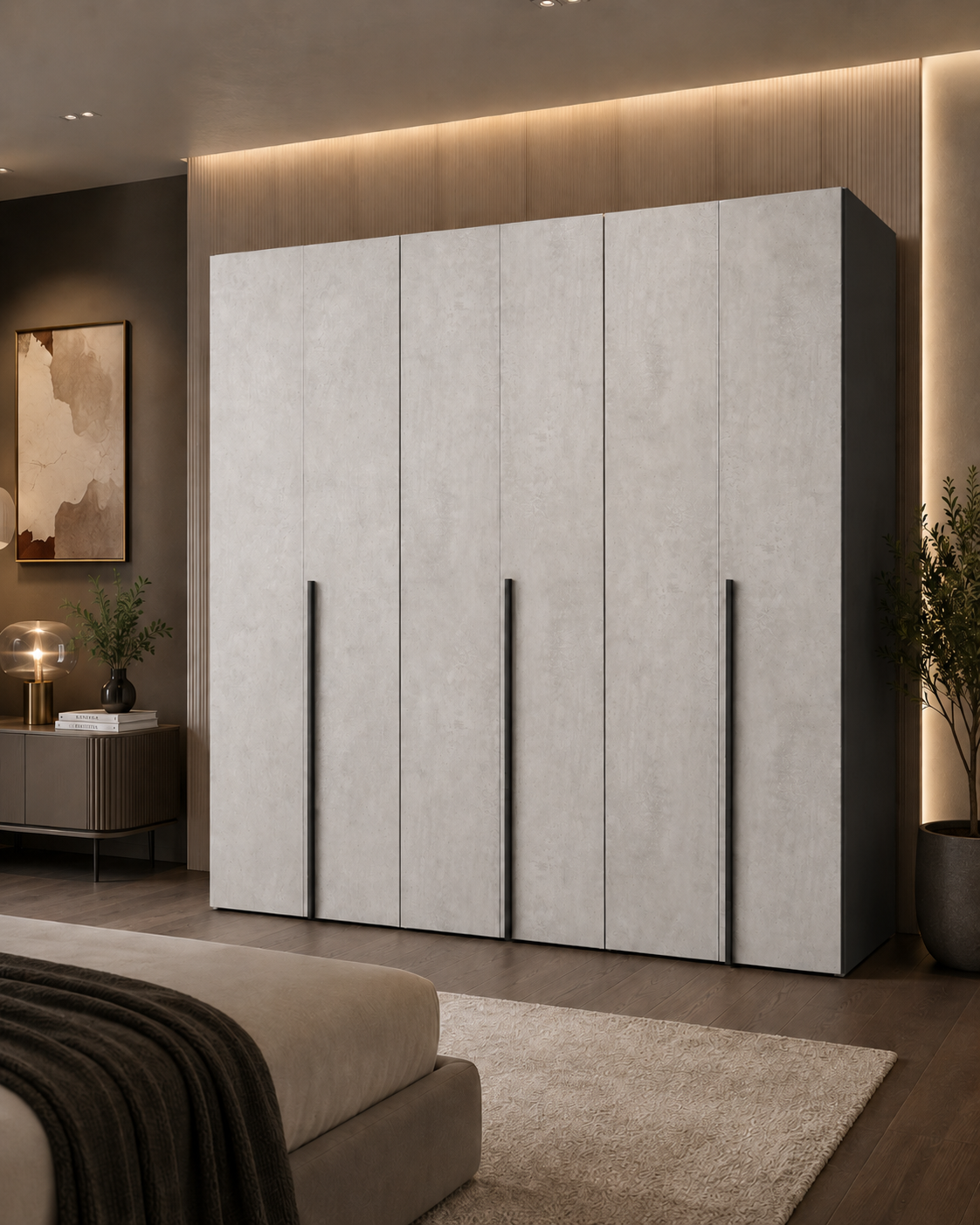 Armadio 6 Ante Battenti Effetto Cemento con Finiture Antracite