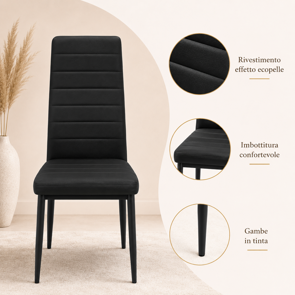 Sedie da Pranzo Nere Set 6 Ecopelle