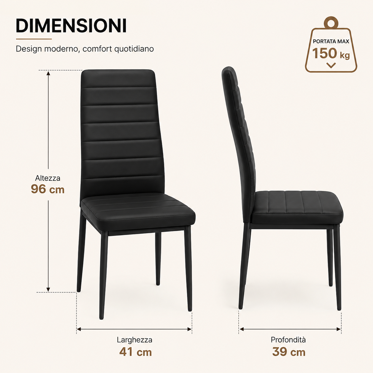 Sedie da Pranzo Nere Set 6 Ecopelle