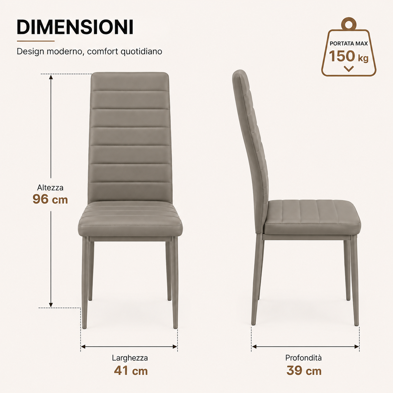 Sedie da Pranzo Fango Set 6 Ecopelle