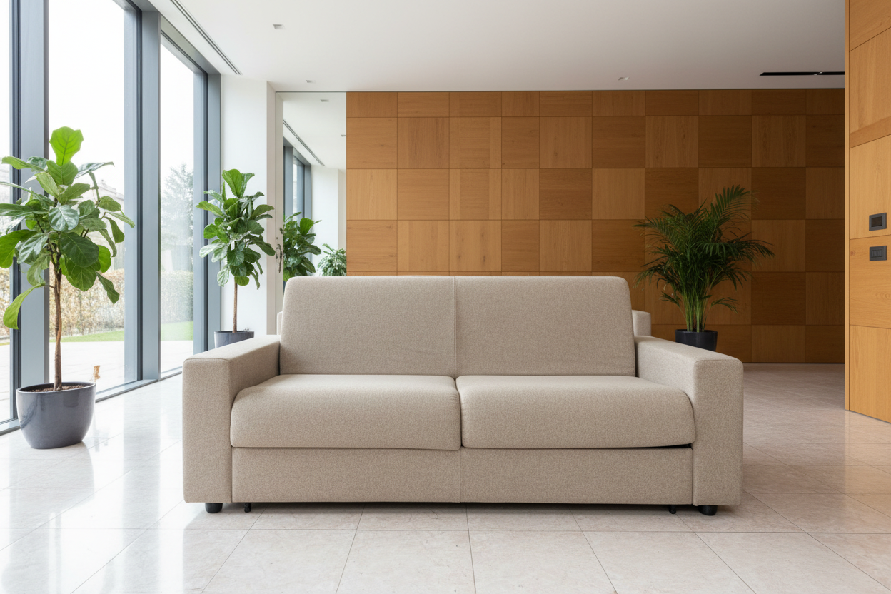 Divano ribaltone beige chiuso in salotto lusso