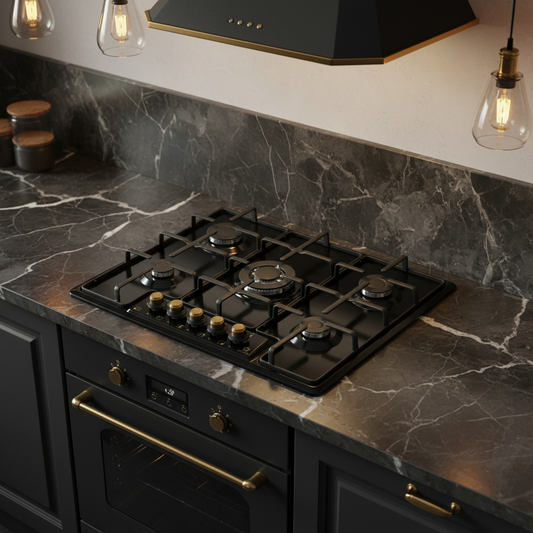 Piano Cottura 5 Fuochi Nero Rustico Staylux con trio in cucina scura luminosa
