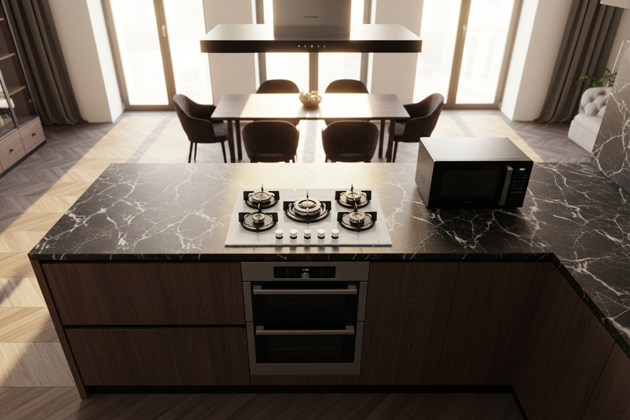 Piano cottura Staylux 5 fuochi vetroceramica bianco 75x50cm - frontale dall'alto cucina lusso