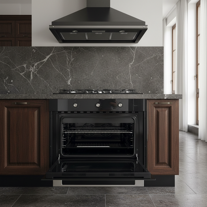 Forno ventilato vetro nero Staylux 90x60cm aperto in cucina scura