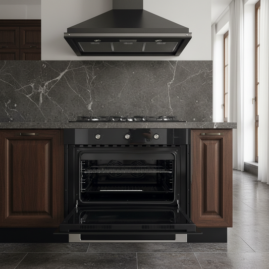 Forno ventilato vetro nero Staylux 90x60cm aperto in cucina scura