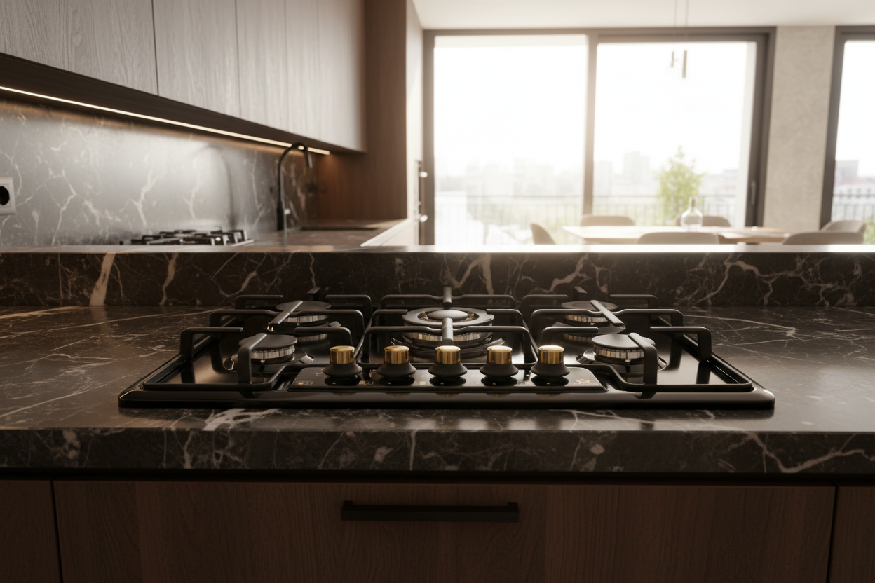 Piano cottura Staylux 5 fuochi nero rustico in cucina moderna