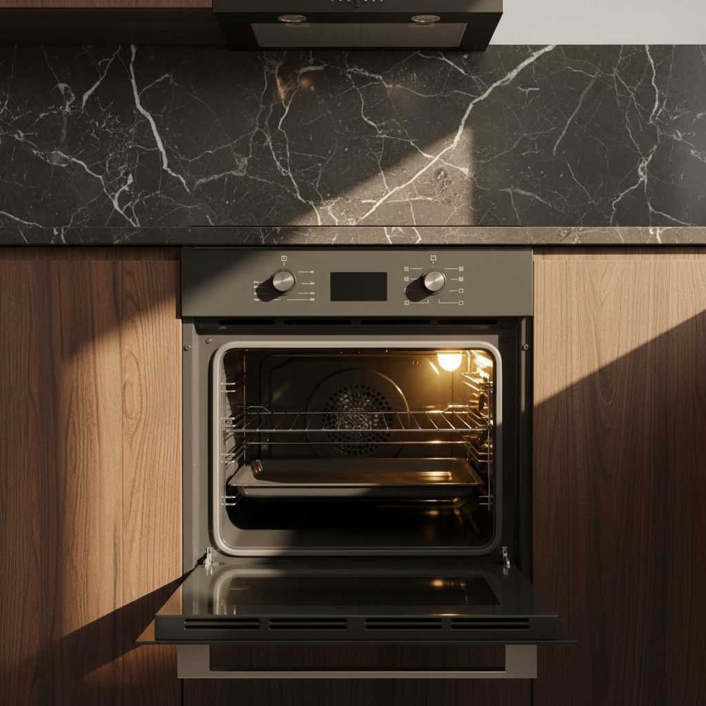 Forno ventilato digitale vetro antracite Staylux 60x60cm aperto in cucina scura