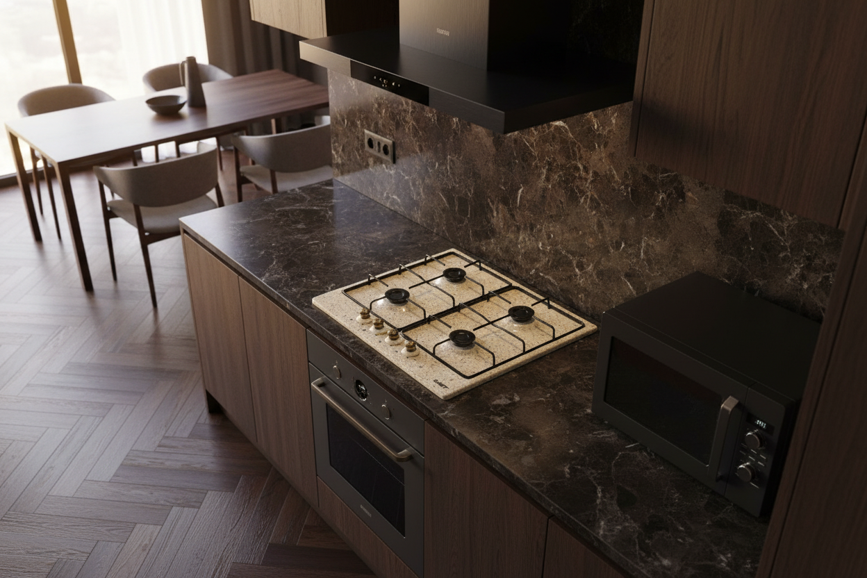 Piano cottura Samet 4 fuochi fragranite avena 60x50cm - frontale dall'alto cucina lusso