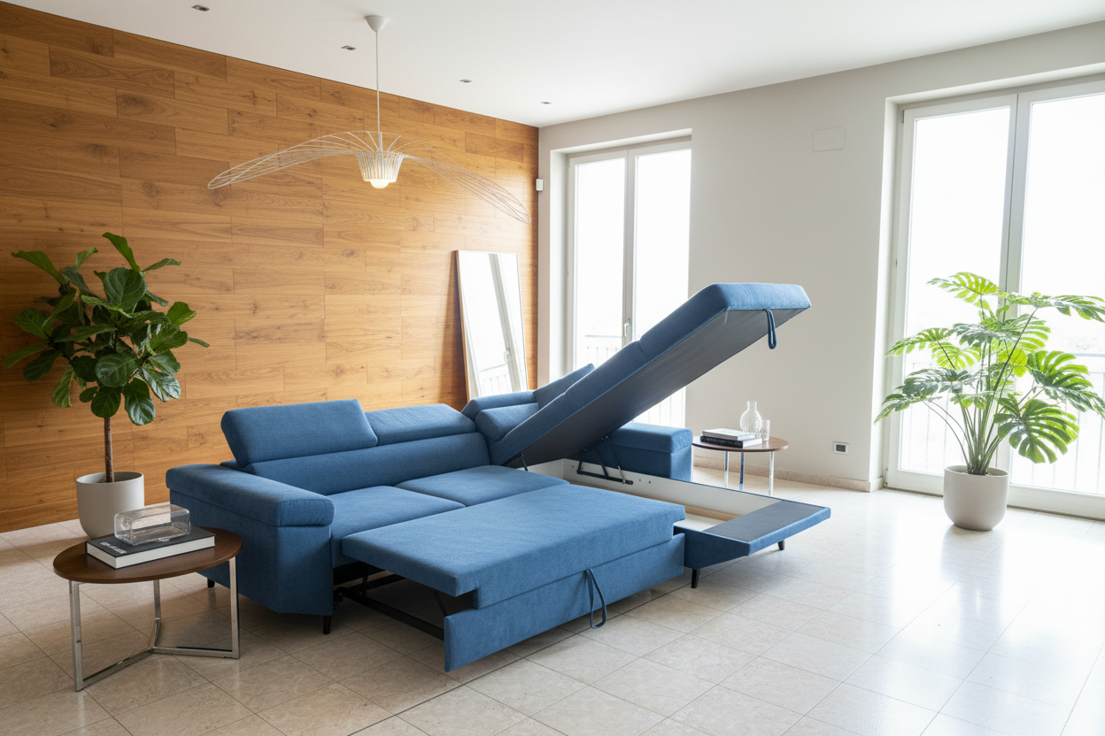 Divano ad L blu aperto con letto estraibile in salotto lusso