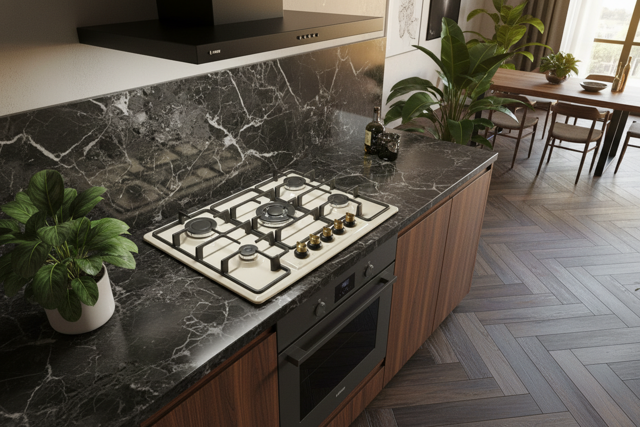 Piano cottura Staylux 5 fuochi beige 70x50cm - laterale dall'alto cucina lusso