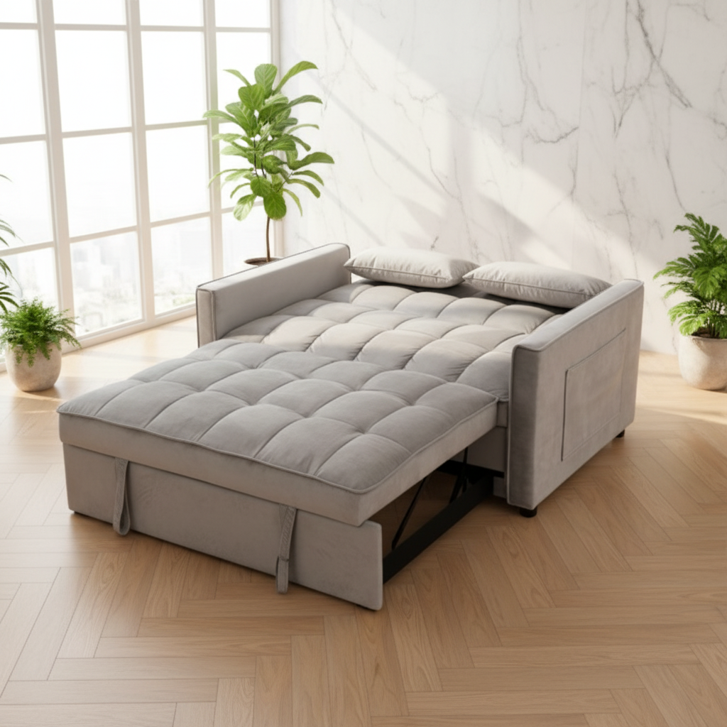Divano Eiri Grigio aperto funzione letto con tasche laterali
