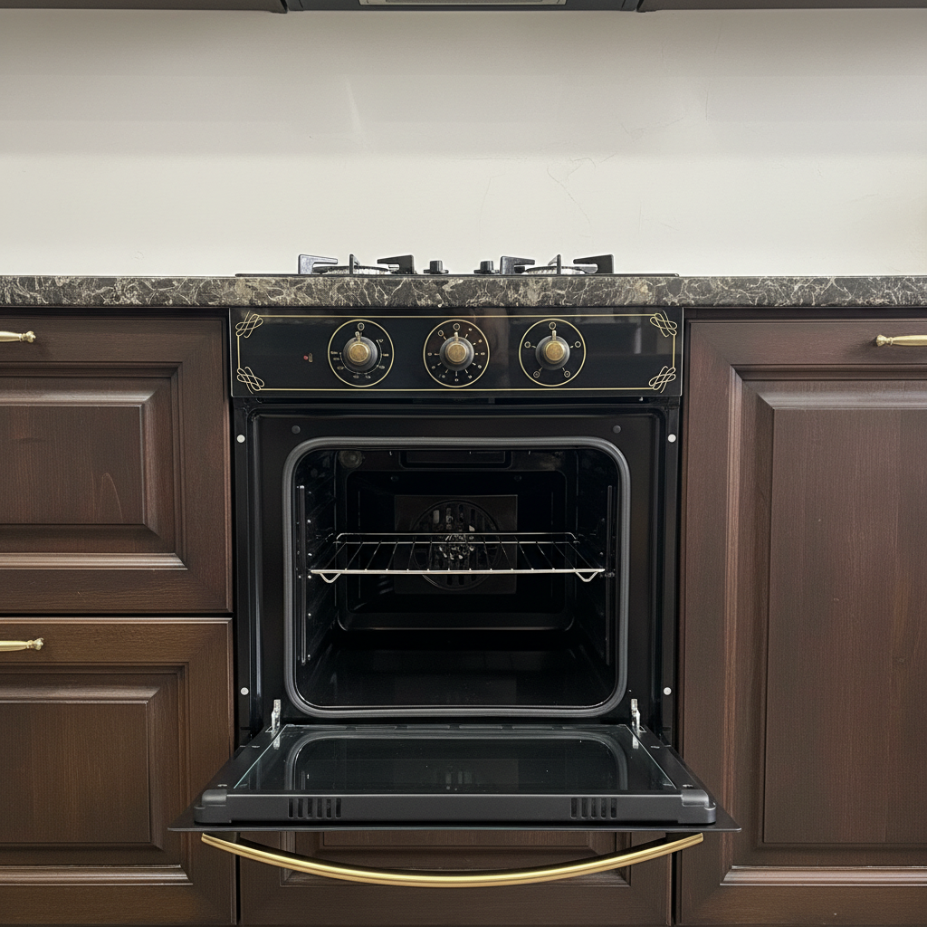 Forno vetro nero rustico filo oro aperto in cucina scura