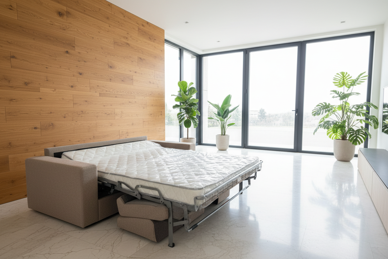 Divano ribaltone beige aperto con materasso H13 in salotto lusso