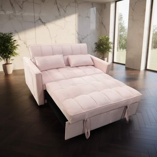 Divano Eiri Rosa aperto schienale reclinato con tasche laterali