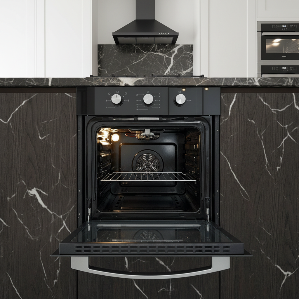 Forno ventilato gas vetro nero Staylux aperto in cucina scura