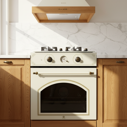 Forno vetro beige rustico filo oro chiuso in cucina luminosa