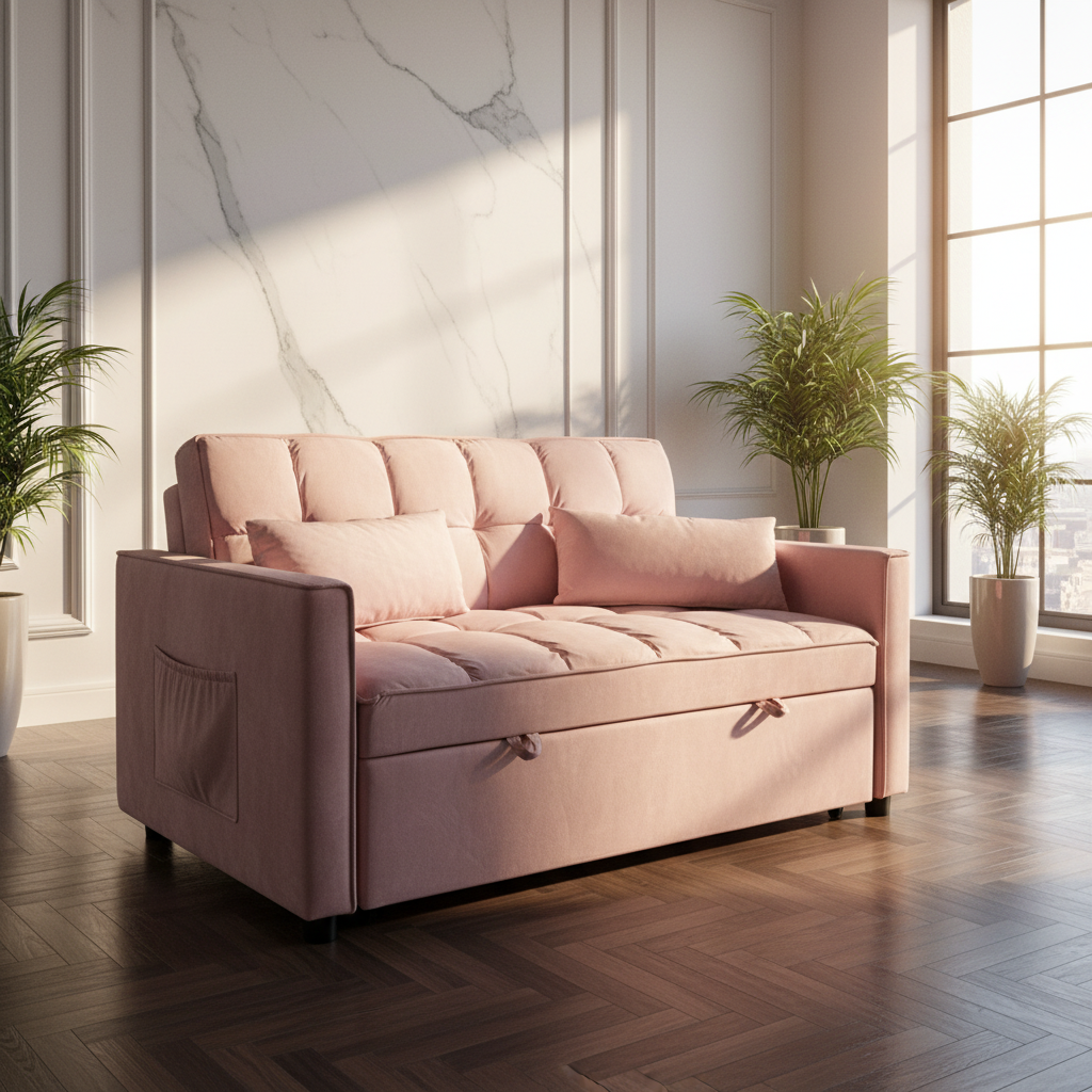 Divano Eiri Rosa chiuso con tasche laterali