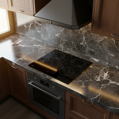 Piano Cottura 4 Zone Induzione Nero Kumtel con trio cucina scura luminosa