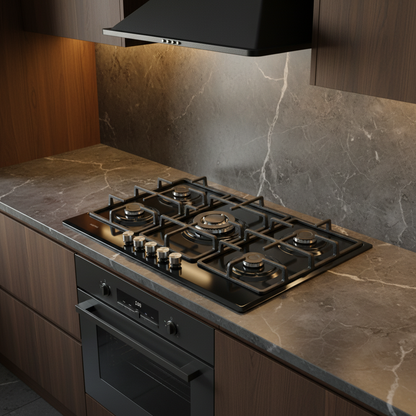 Piano Cottura 5 Fuochi Nero Kumitel 90cm con trio cucina scura luminosa