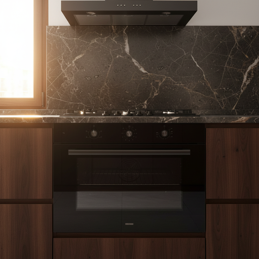 Forno ventilato vetro nero Staylux 90x60cm chiuso in cucina scura