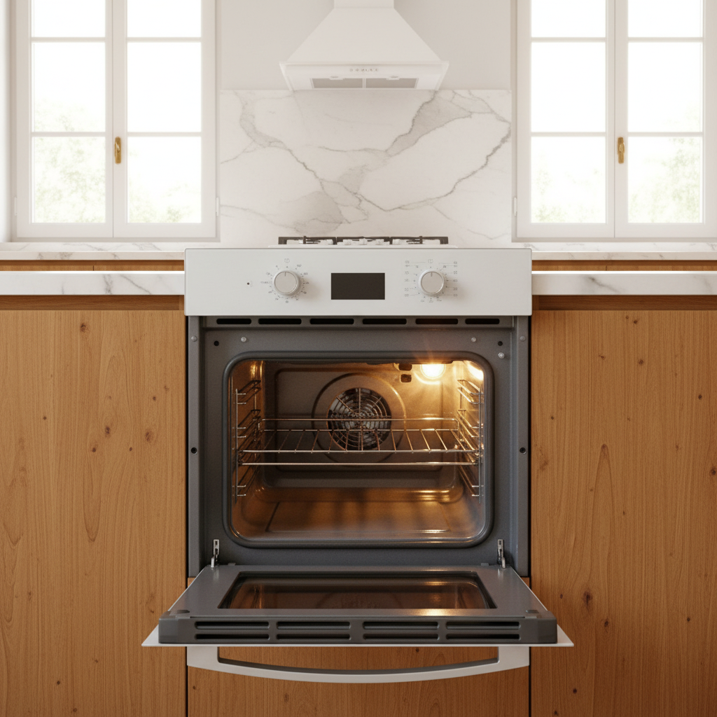 Forno ventilato digitale vetro bianco Staylux 60x60cm aperto in cucina luminosa