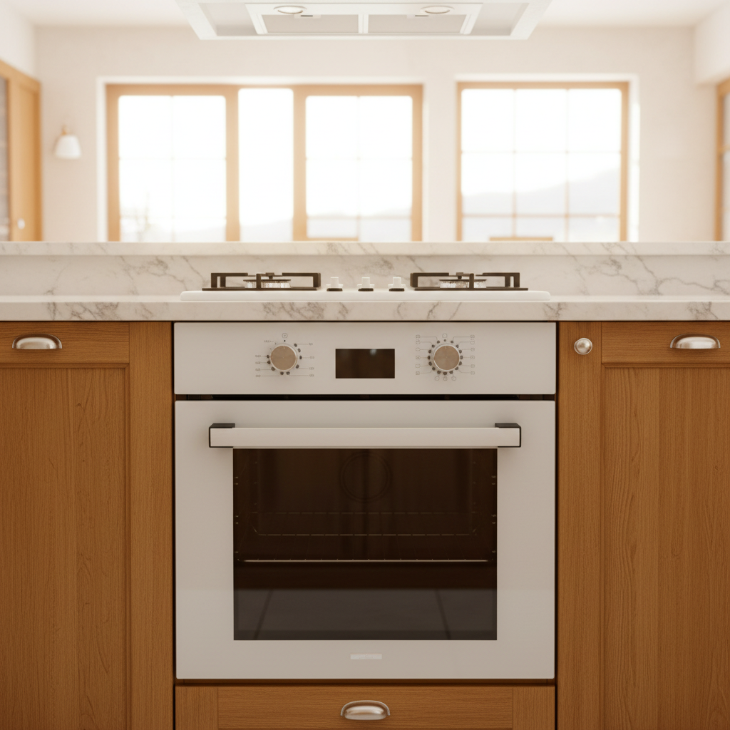Forno ventilato digitale vetro bianco Staylux 60x60cm chiuso in cucina luminosa