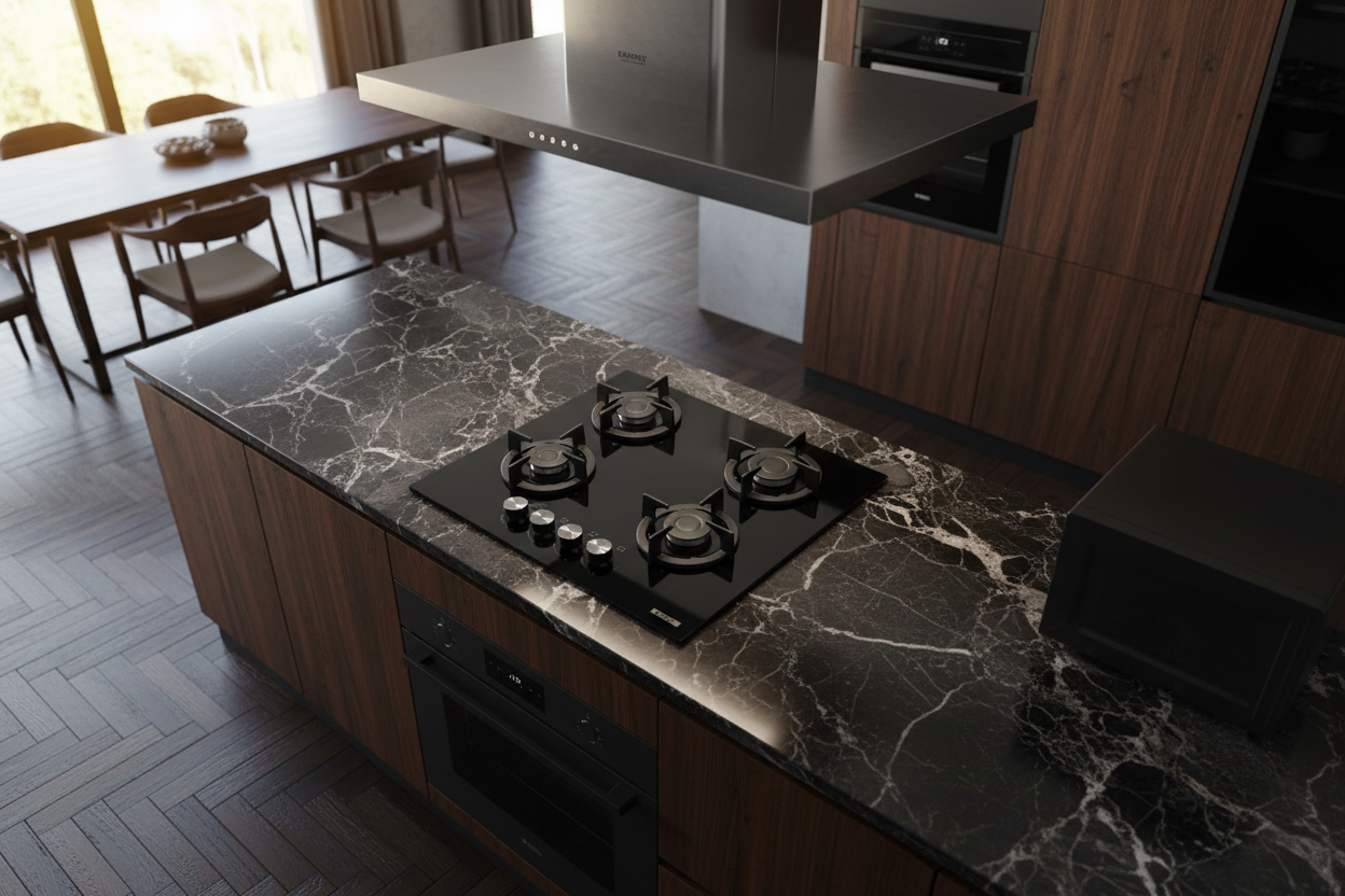 Piano cottura Samet 4 fuochi vetroceramica nero 60x50cm - laterale dall'alto cucina lusso