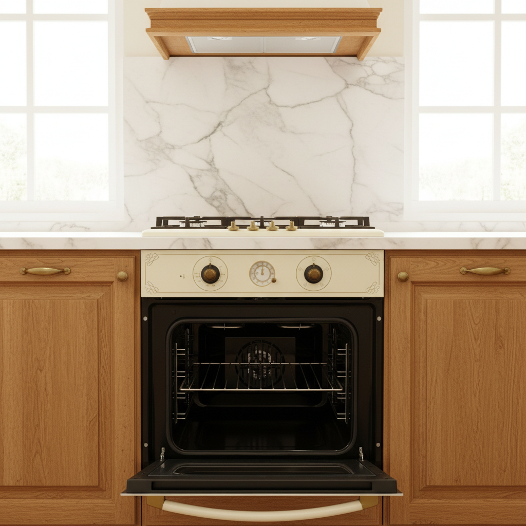 Forno vetro beige rustico filo oro aperto in cucina luminosa