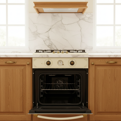 Forno vetro beige rustico filo oro aperto in cucina luminosa