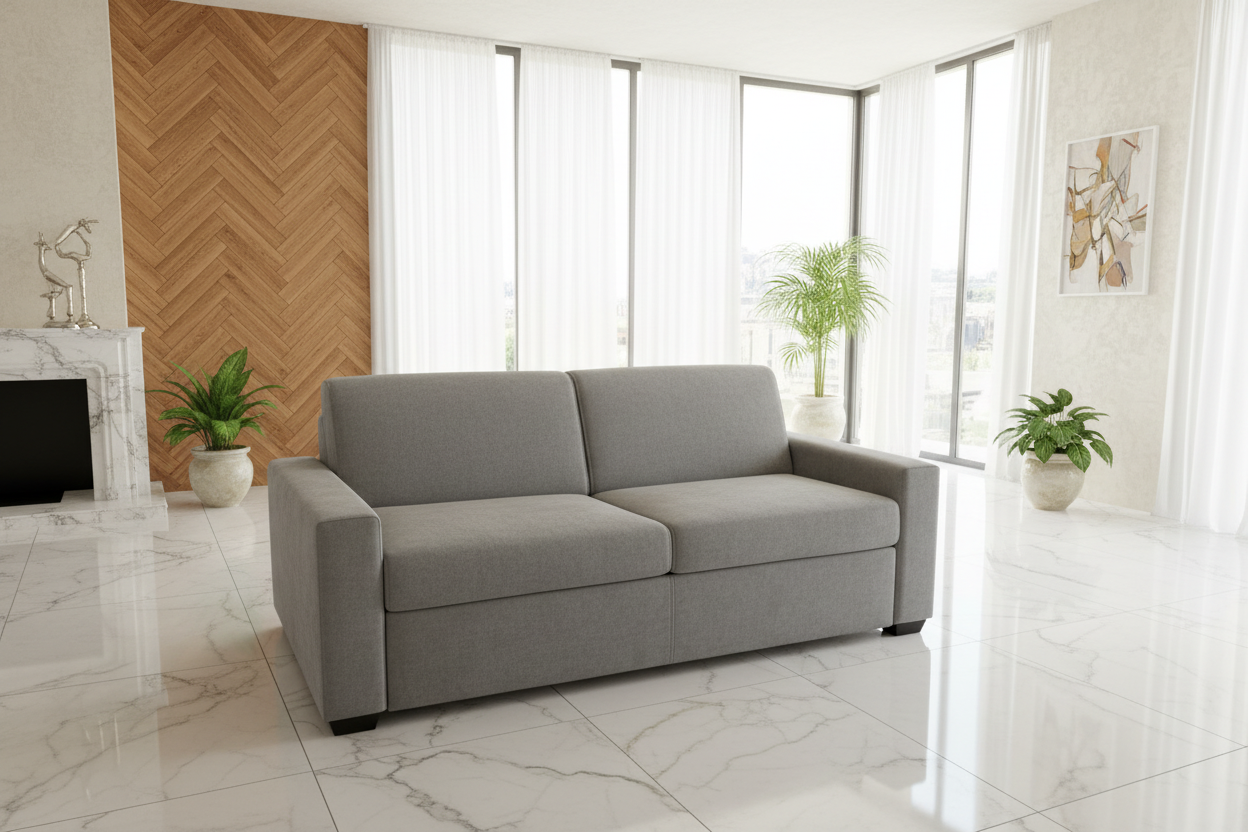 Divano letto grigio chiuso in salotto lusso