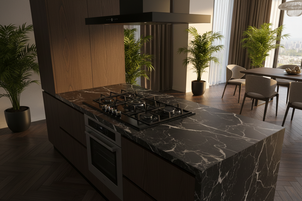 Piano cottura Kumitel 5 fuochi nero 90cm - laterale dall'alto cucina lusso