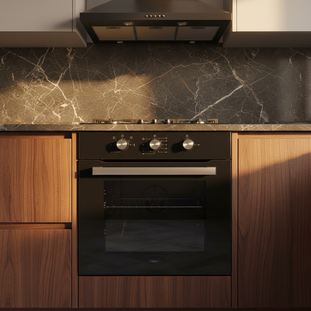 Forno ventilato gas vetro nero Staylux chiuso in cucina scura