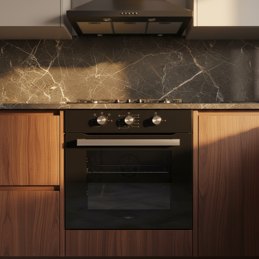 Forno ventilato gas vetro nero Staylux chiuso in cucina scura
