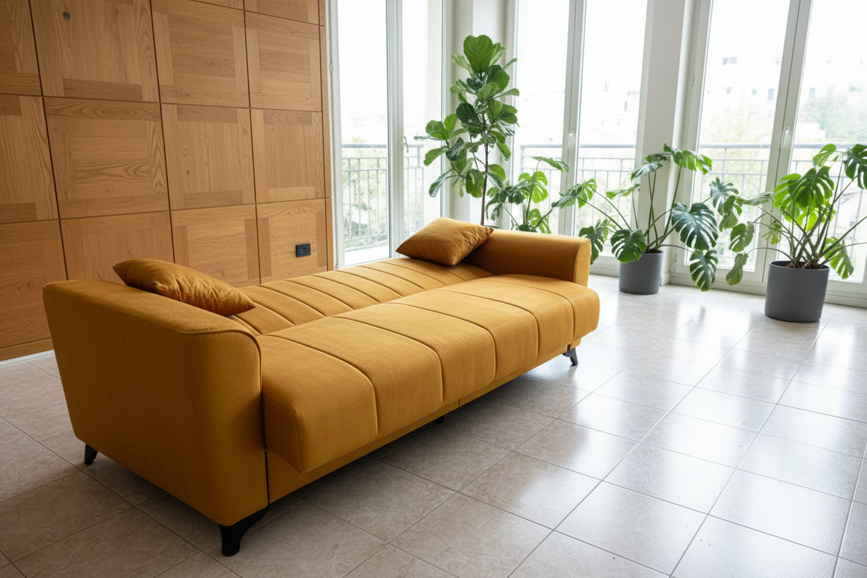 Divano clic clac giallo ocra aperto in salotto lusso