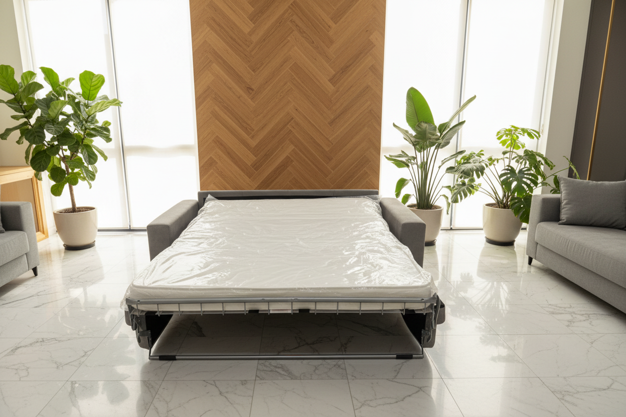 Divano letto grigio aperto con materasso H13 in salotto lusso