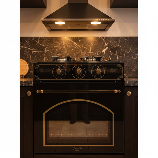 Forno vetro nero rustico filo oro chiuso in cucina scura